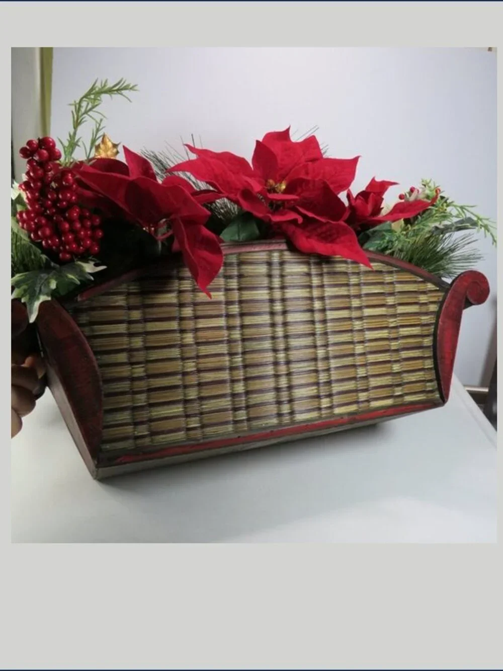 Poinsettia Christmas Floral Centerpiece Retro Wood Trough Planter Bowl MCM